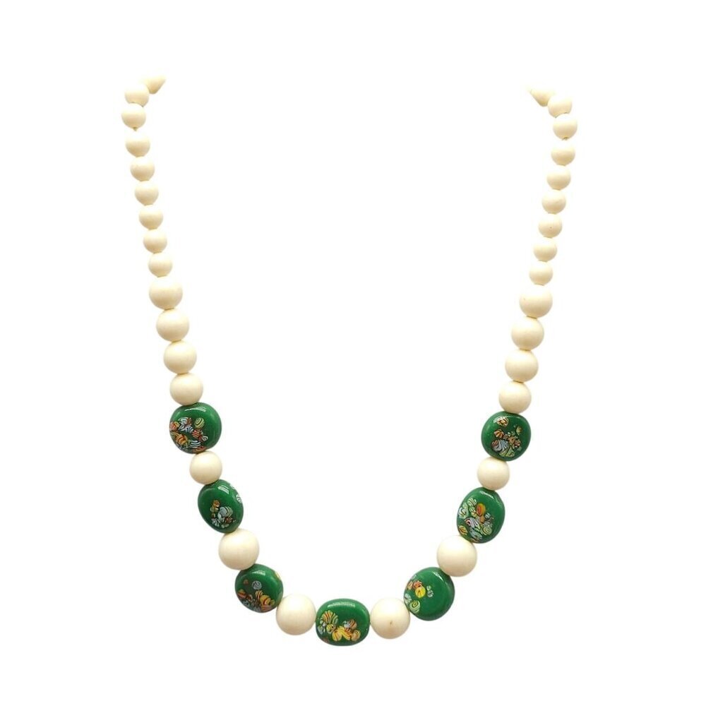 Vintage Handcrafted Beaded Necklace With Green Floral Accents Cream Beads